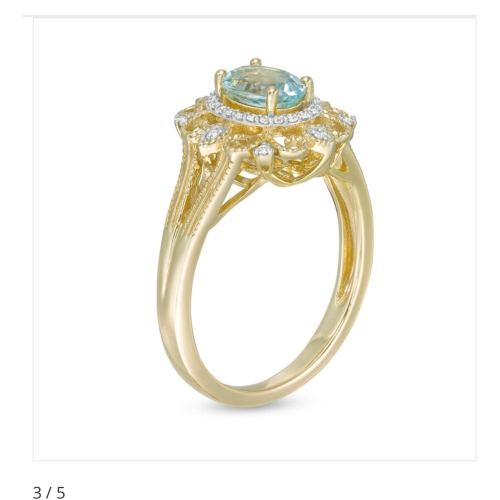 Oval Aquamarine 1/10 CT. T.W.Diamond Frame Vintage-Style Ornate Ring in 10K Gold - Picture 6 of 7